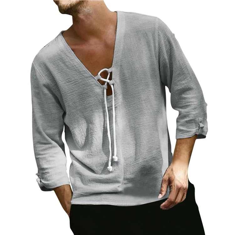 Men's Loose Beach Style Casual Cotton Linen Drawstring Shirt T-Shirt