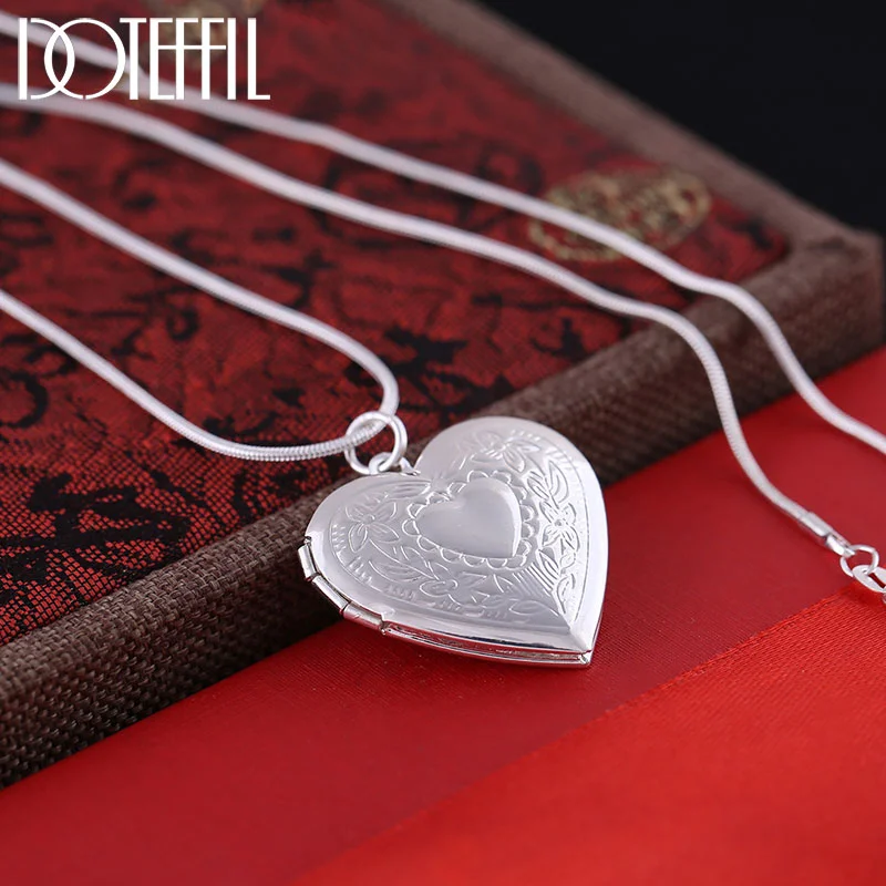 DOTEFFIL 925 Sterling Silver Classic Pattern Snake Chain Heart-Shaped Photo Frame Necklace For Women Jewelry