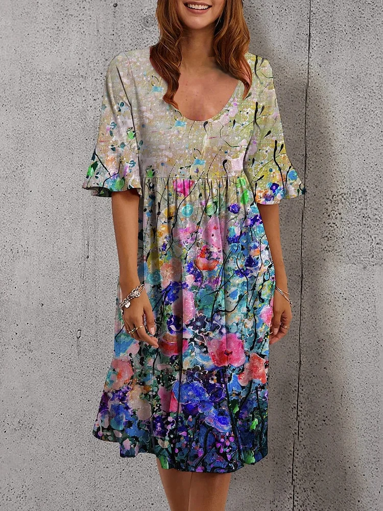 Round Neck Print Sleeve Dress-Mayoulove