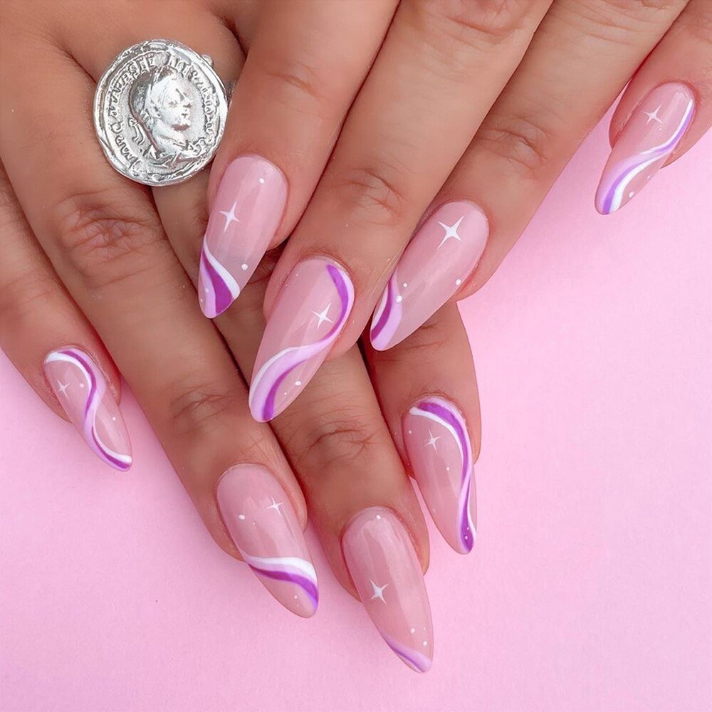 24 pcs/Box Popular Wavy Style Stiletto False Nails Ballerina Detachable Fake Nails with press glue Wearable Full Cover Nail Tips