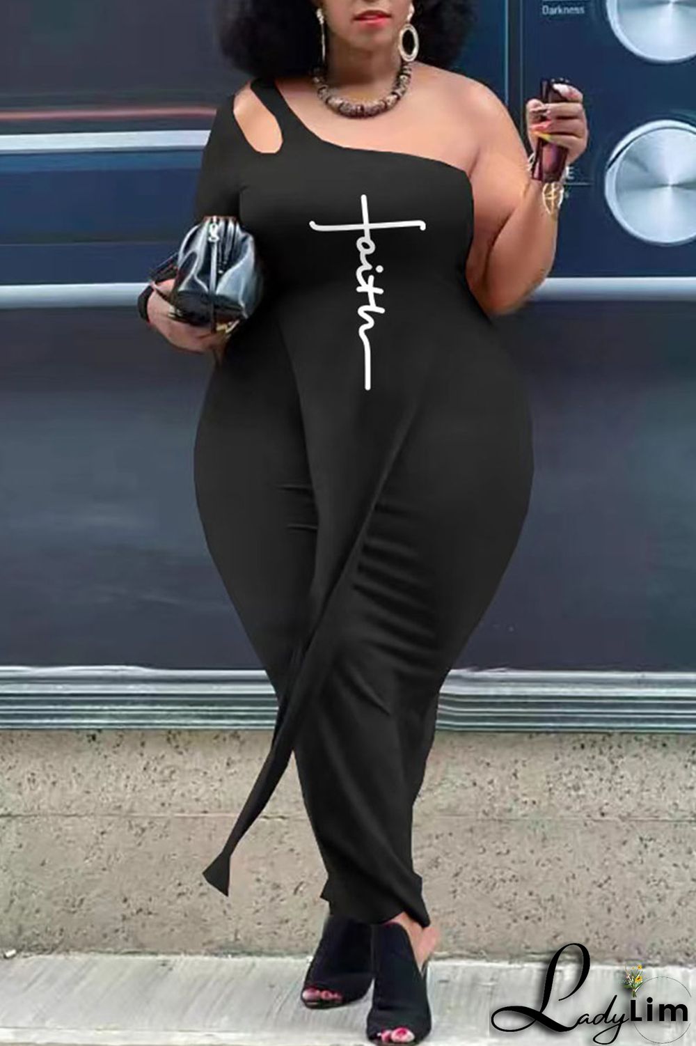 Black And White Sexy Street Print Patchwork Asymmetrical Oblique Collar Plus Size Two Pieces