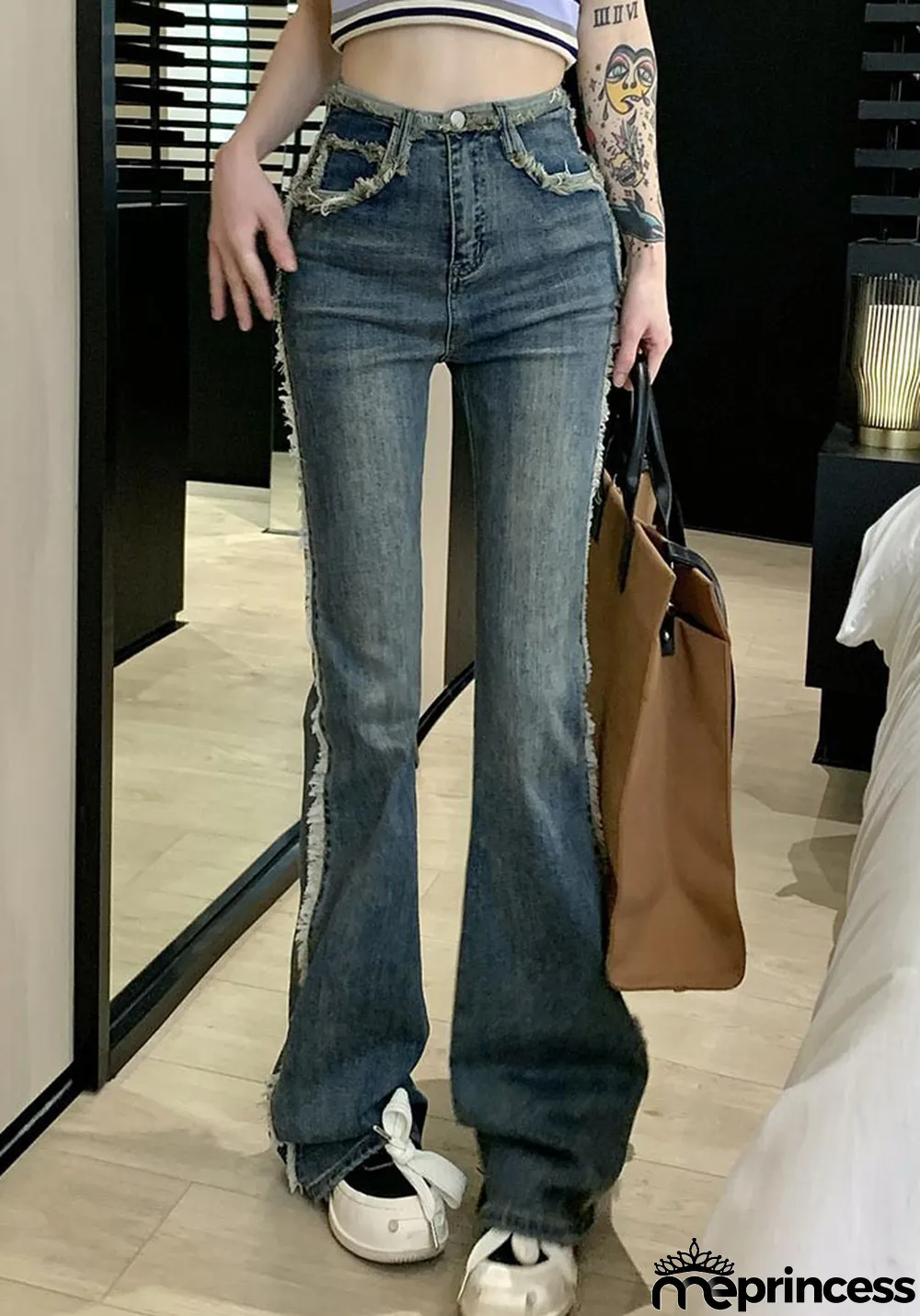 Blue Raw Edge Retro Denim Pants Women Spring High Waist Straight Leg Tight Fitting Slim Fit Micro Bell Bottom Jeans