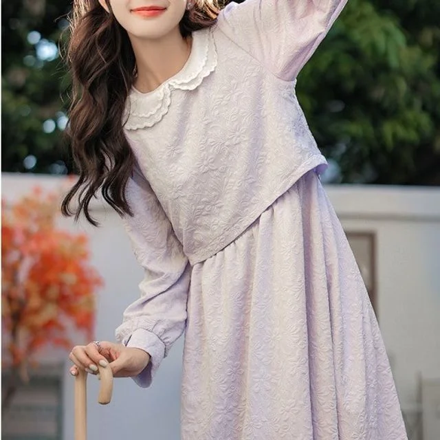 Long-Sleeve Round Neck Collared Mock Two Piece Midi A-Line Dress WE69