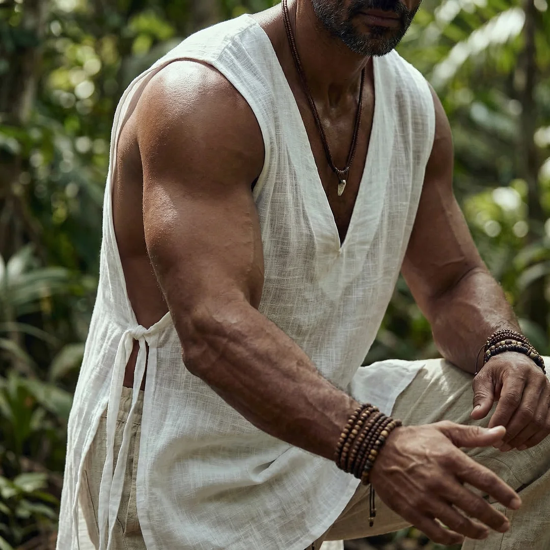 Linen V-neck Sleeveless Shirt, Casual Basic Style, Loose Fit, Breathable And Comfortable, With Side Tie Design.-inspireuse