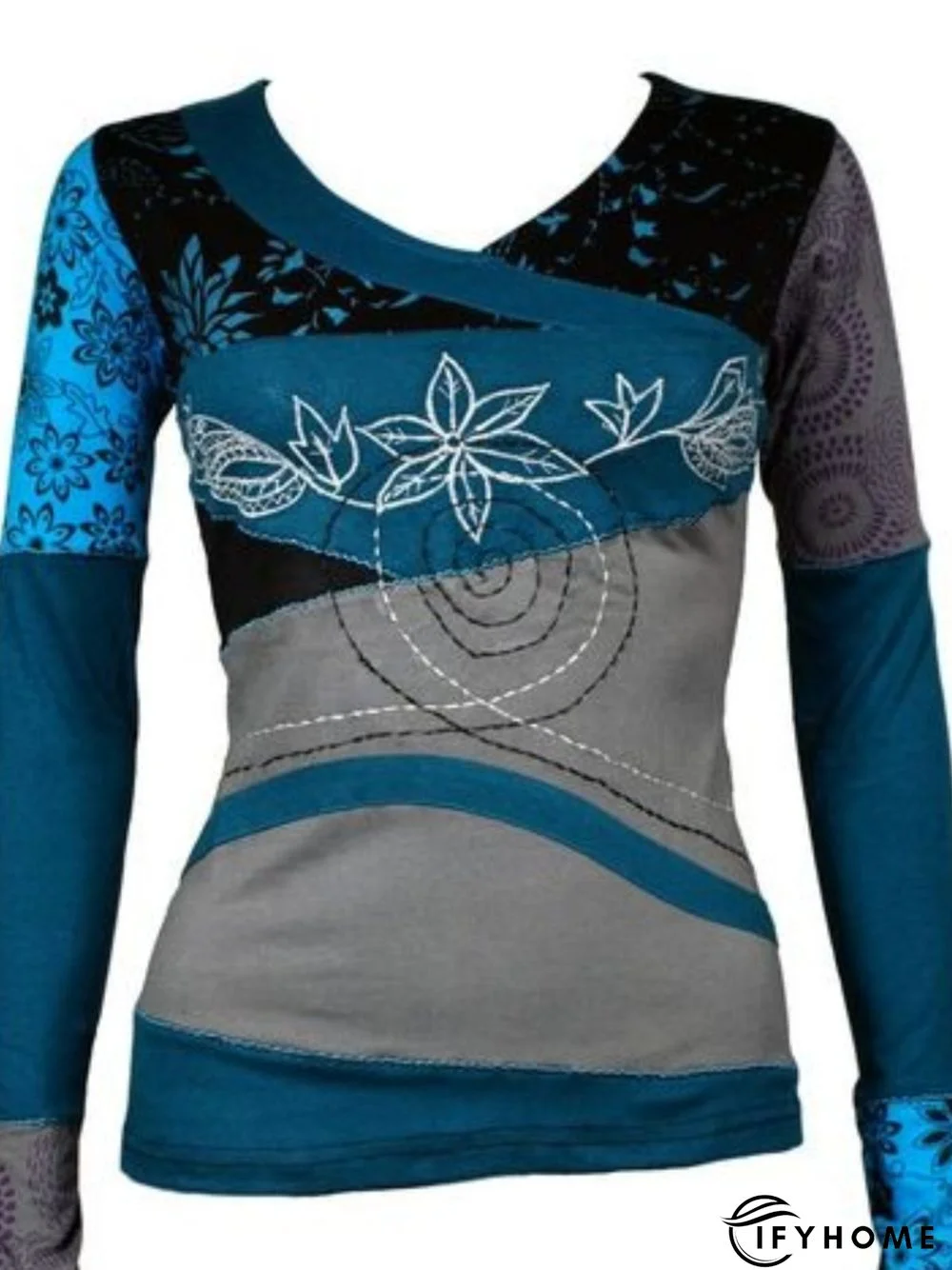 Casual Long Sleeve V Neck Printed Tunic Top Women | IFYHOME