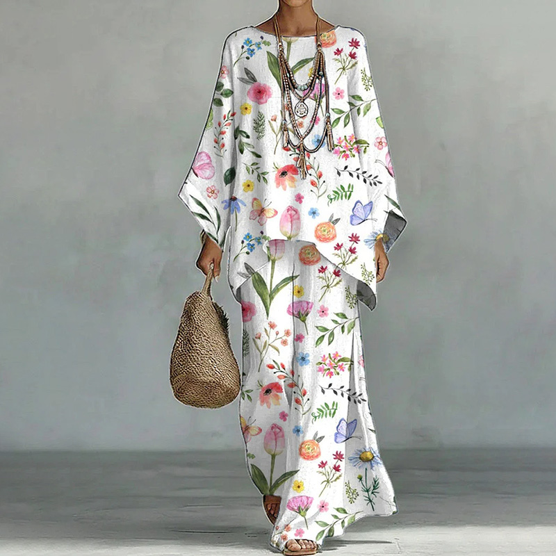 Women's Flower Art Print Cotton Top And Wide-leg Pants Two-piece Set elevenforest