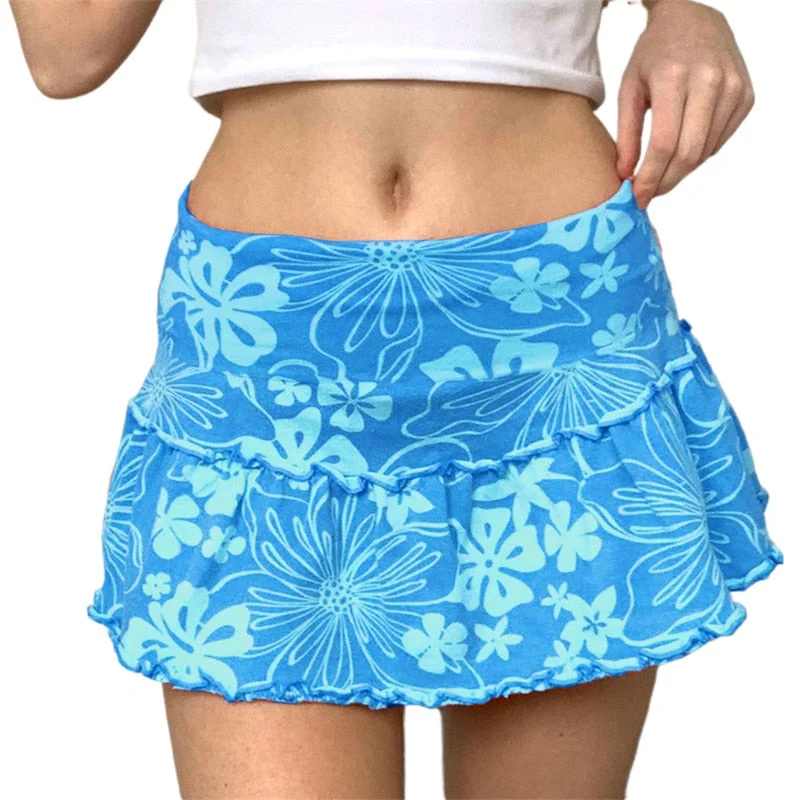 Back to School Women's Summer Ruffles A-Line Mini Skirt Y2K Style High Waist Floral Print Frill Trim Above Knee Short Skirt Blue/Pink/Purple