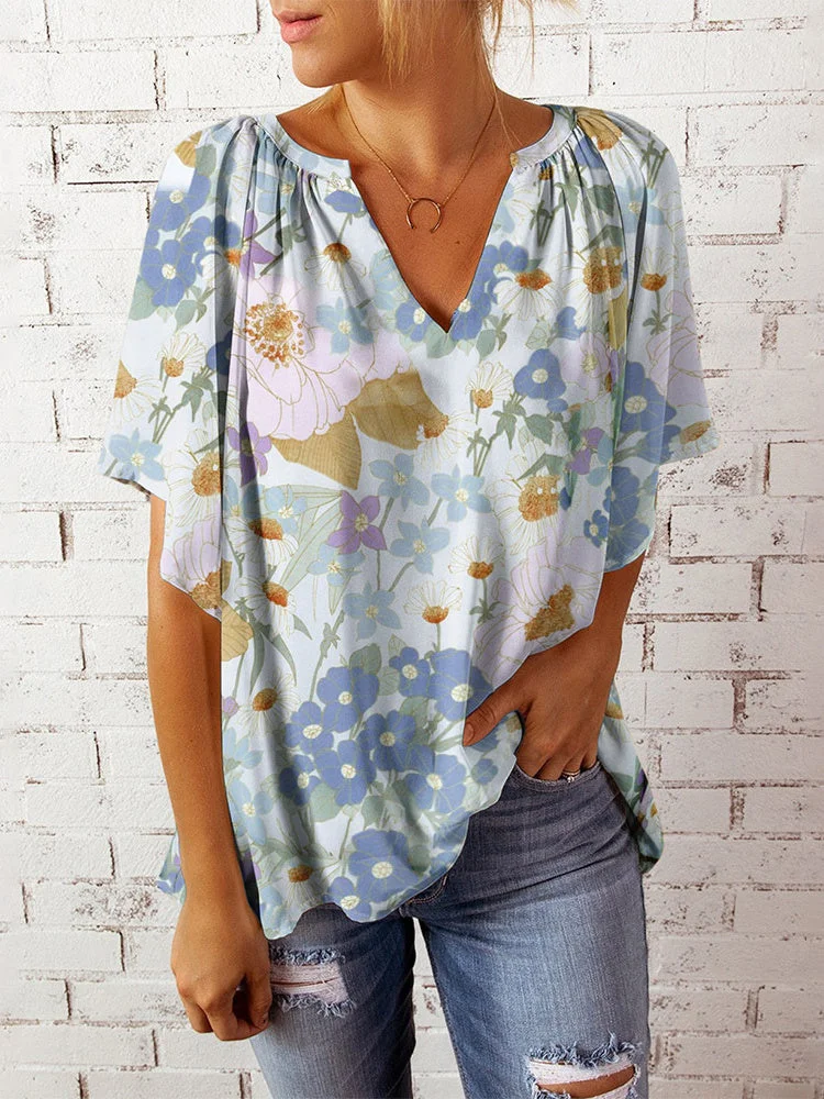 Women Short Sleeve V-neck Floral Printed Graphic Tops