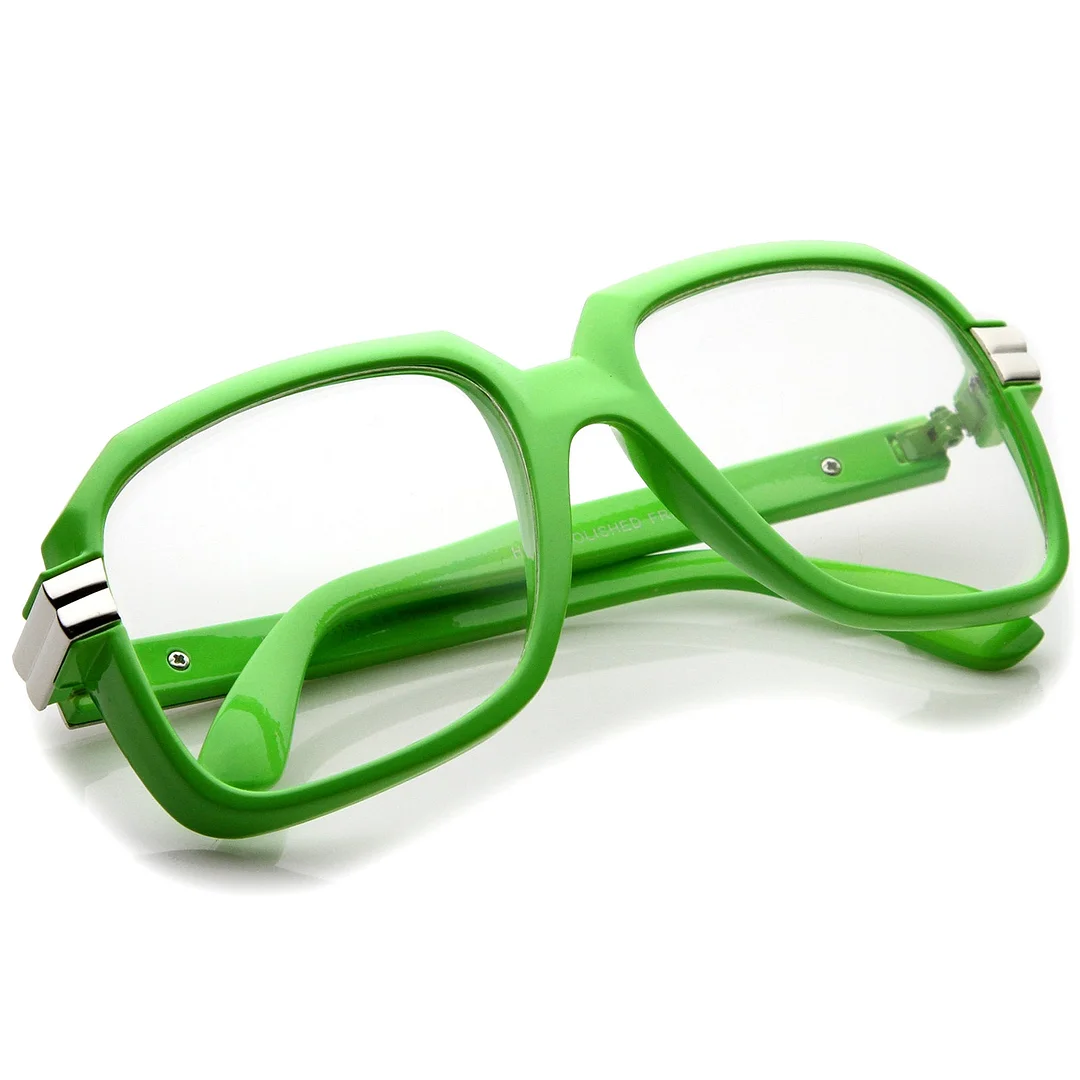 Large Colored Metal Accent Temple Clear Lens Square Glasses 55mm