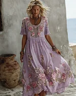 Women's Floral Art Print Flowy Linen Blend Casual Short Sleeve Maxi Dress - Image 9