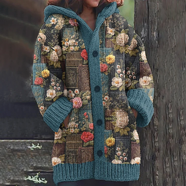 Vintage Flower Print Cozy Knit Hooded Cardigan