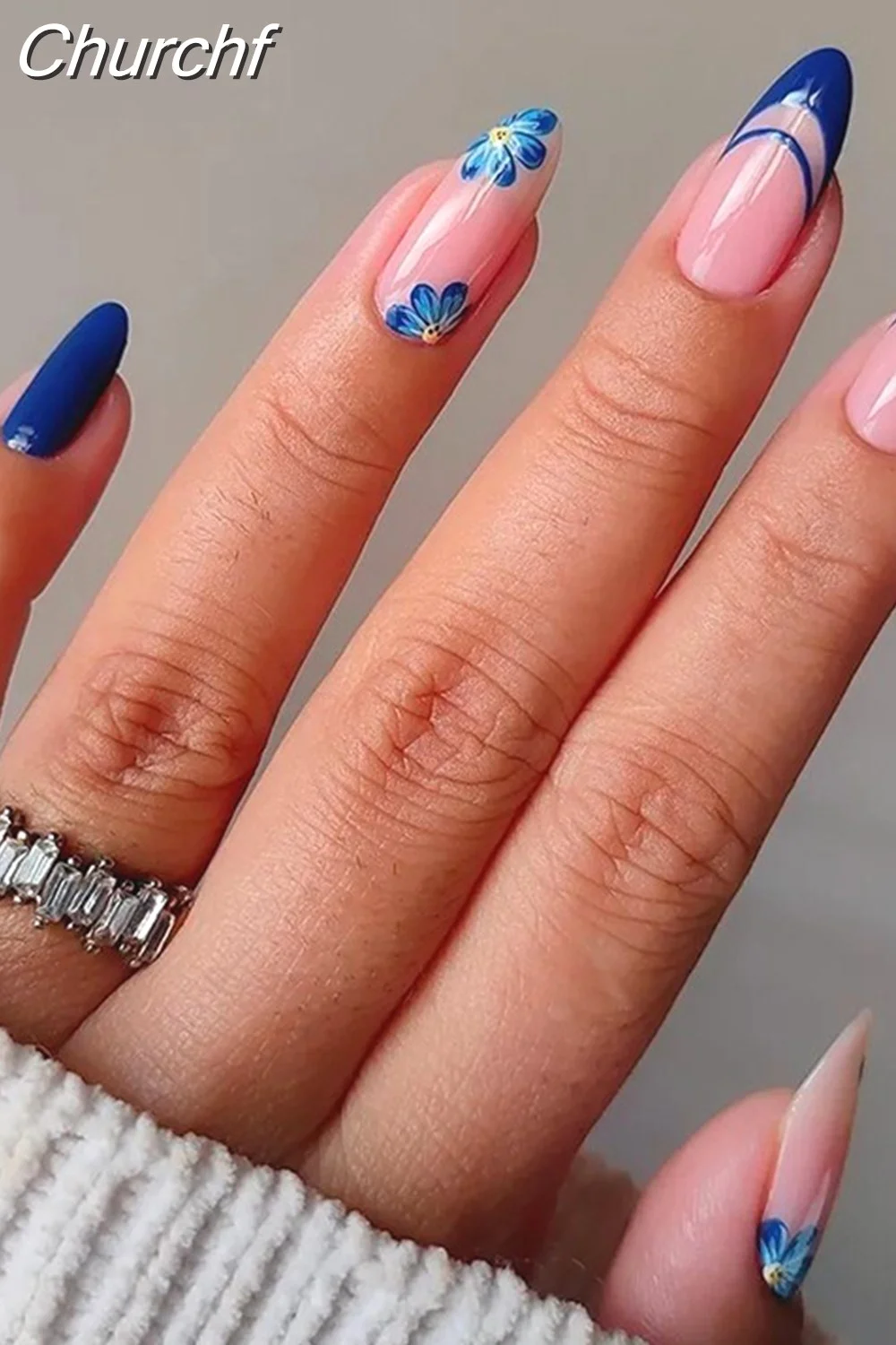 Churchf Short Almond Black Flower False Nail Finished Nail Patches French Stiletto Fake Nails Full Cover Nail Tips Press On Nail-Nail Inspo