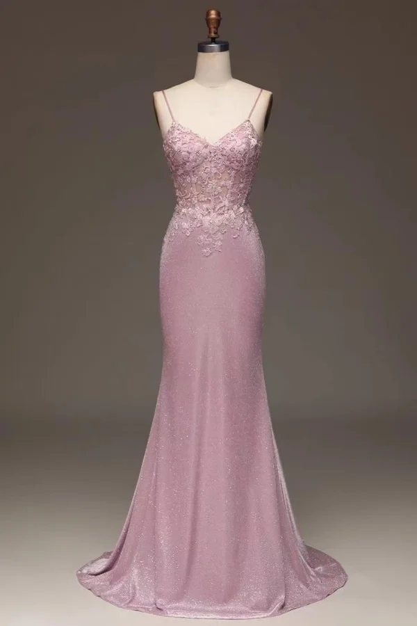 V-Neck Spaghetti Straps Sleeveless High-Waisted Long Pleated Mermaid Prom Dress With And Lace | YX0045 Wellcucu