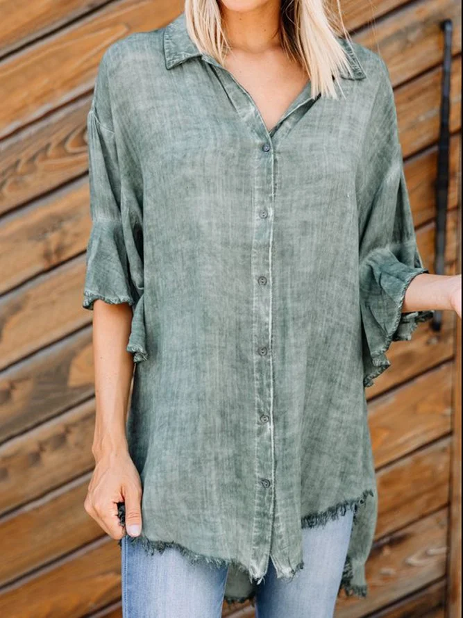 Flare Sleeve Casual Loosen Shirt Collar Short Sleeve Blouse
