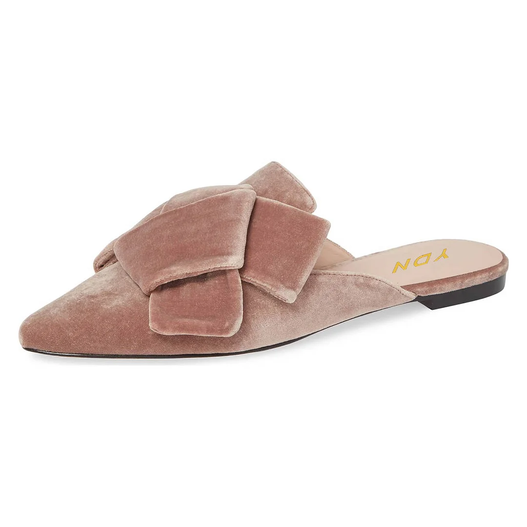 Blush Velvet Pointed Toe Knot Flat Comfortable Mules for Women