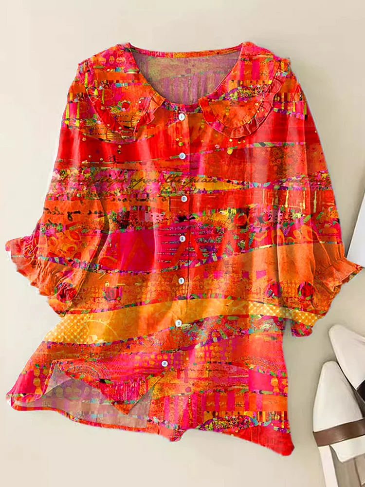 Women Vintage Abstract Geometric Art Print Loose Top Peter Pan Collar Half Sleeve Blouses