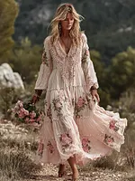 Women's Bohemian Floral Lace V-neck Maxi Dress