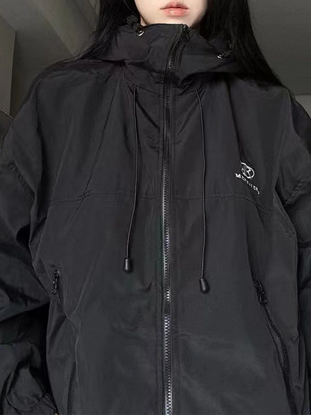 Brownm Black Waterproof Oversize Outdoor Jacket with Hood