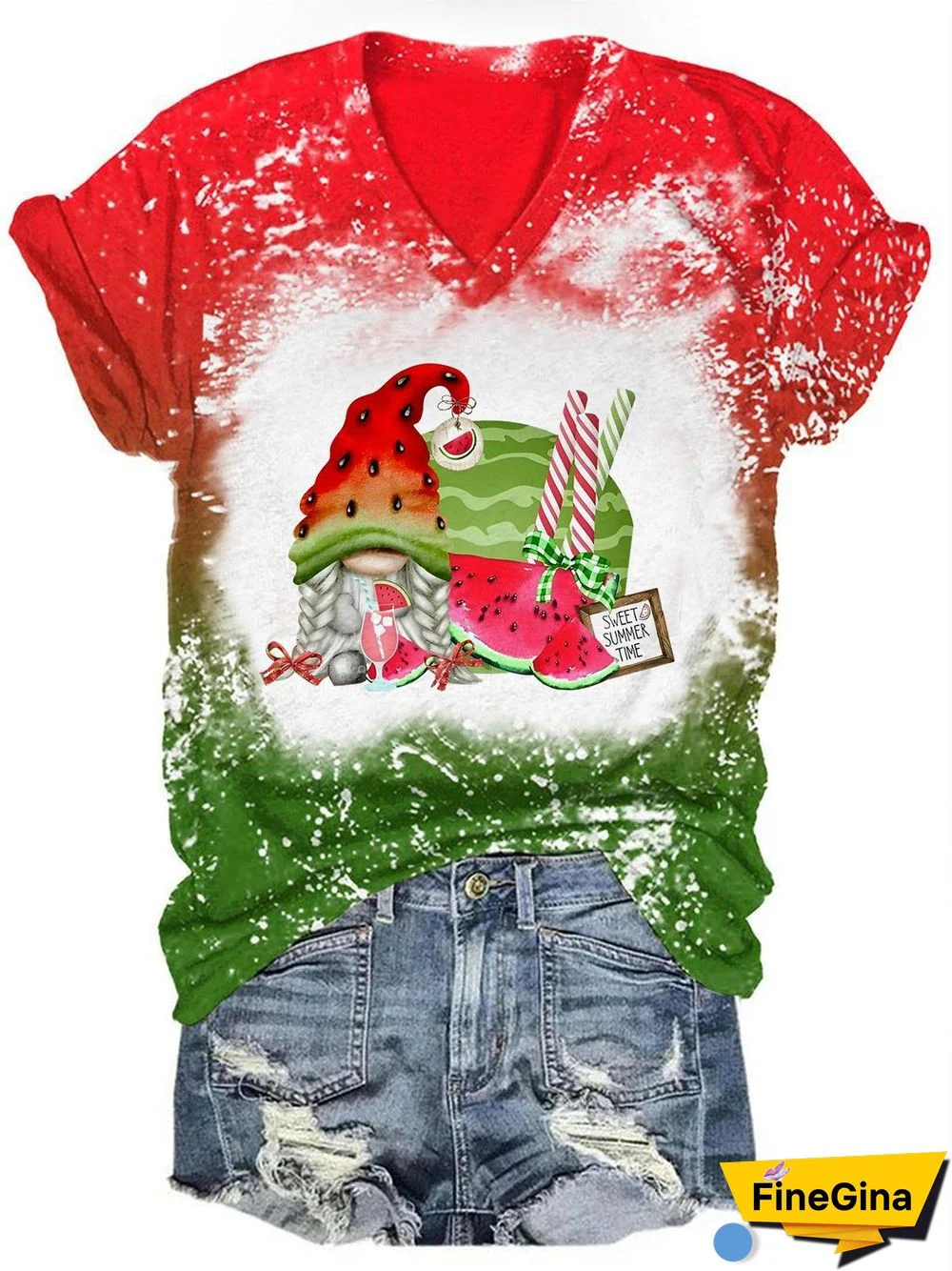Sweet Summer Watermelon Gnome Tie Dye V Neck T-Shirt