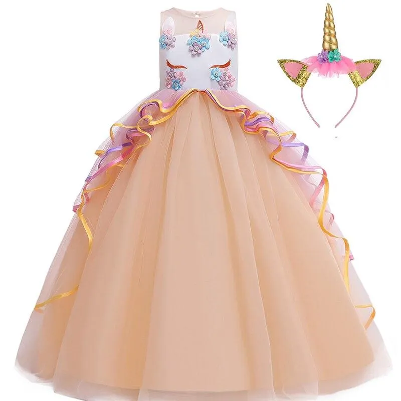 2021 Carnival Cosplay Costume Long Unicorn Dress Girl Kids Dresses For Girls Children Party Dress Birthday Dress Up 10 14 Years