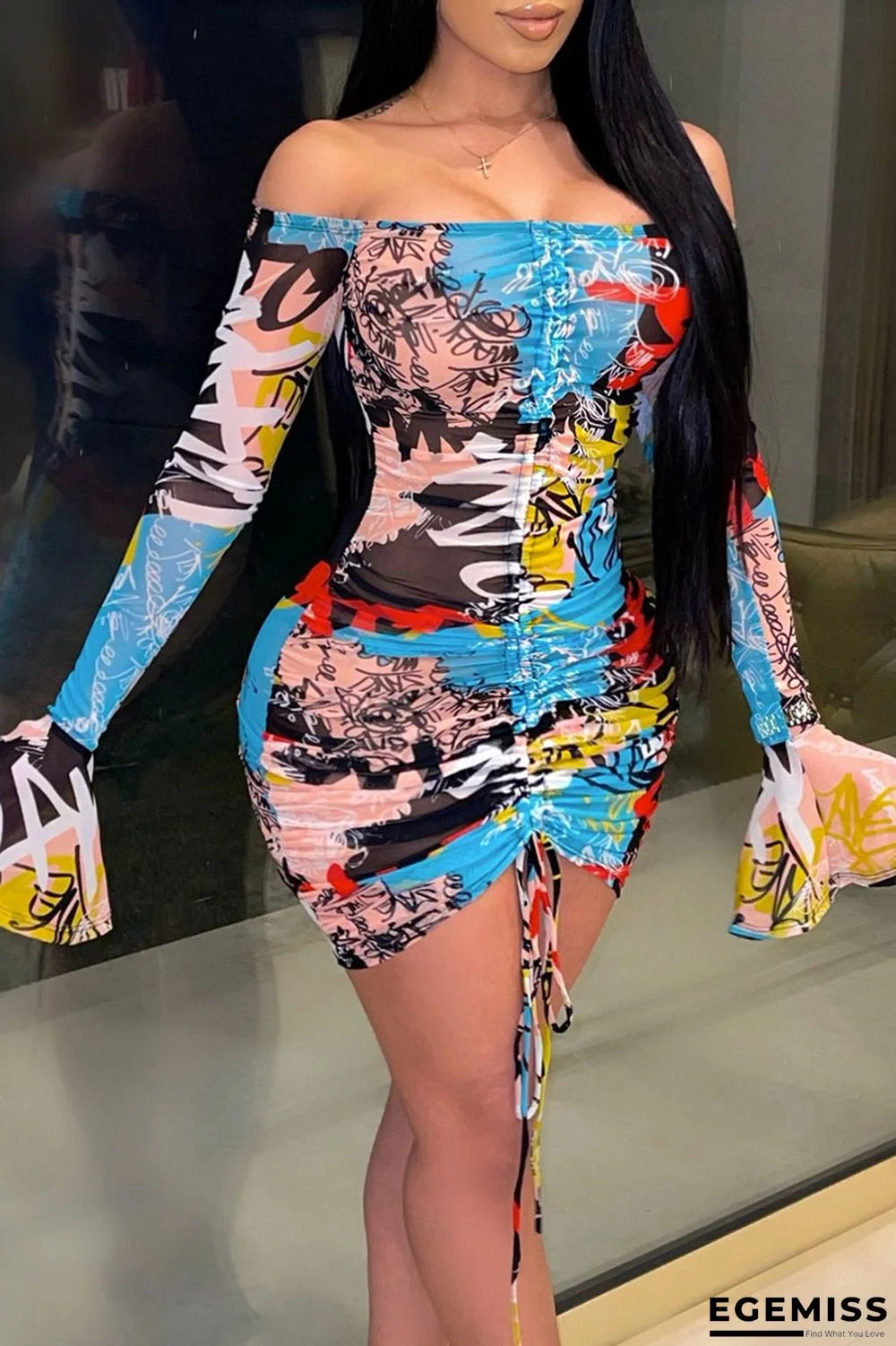 Baby Blue Sexy Print See-through Mesh Wrapped Skirt Dresses | EGEMISS