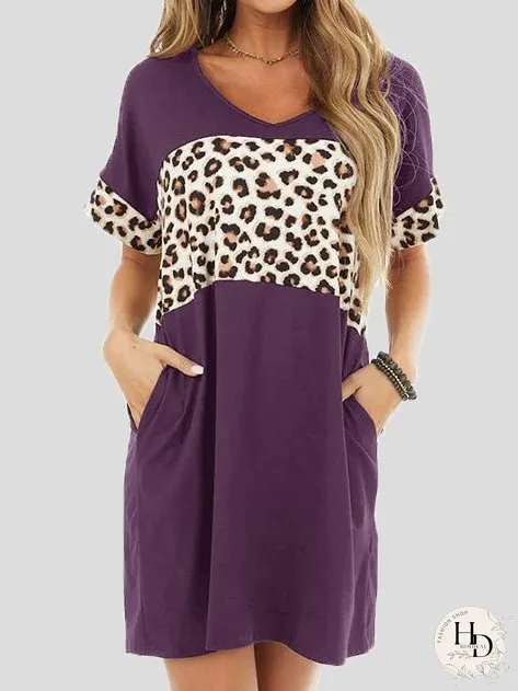 Dresses Crew Neck Leopard Panel Pocket Casual Dress for Women