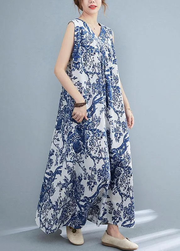 DIY Blue Loose Print V Neck Summer Vacation Dress Sleeveless