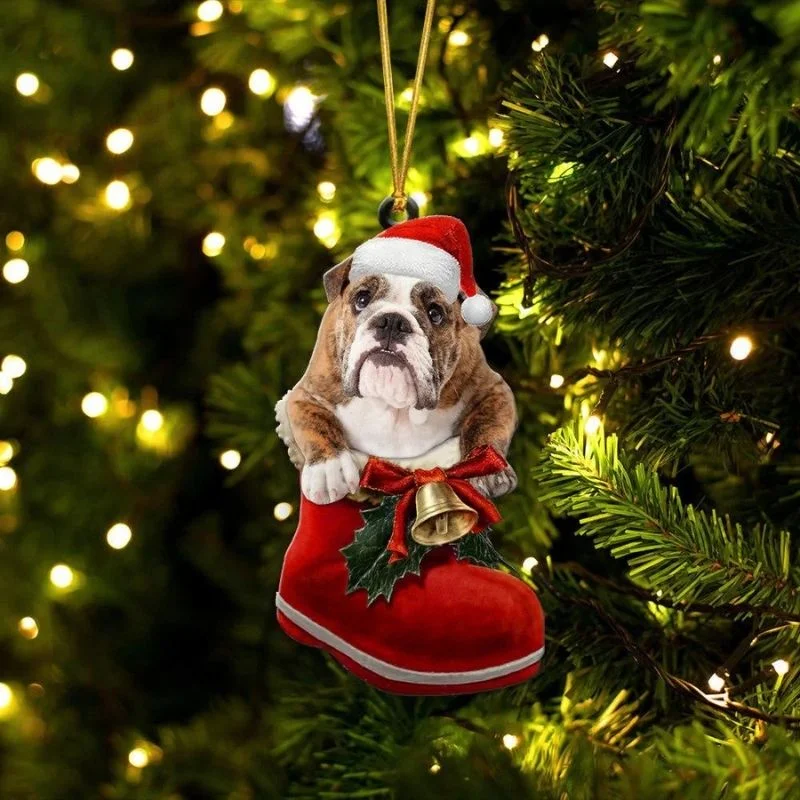 VigorDaily English Bulldog Brindle In Santa Boot Christmas Hanging Ornament SB185
