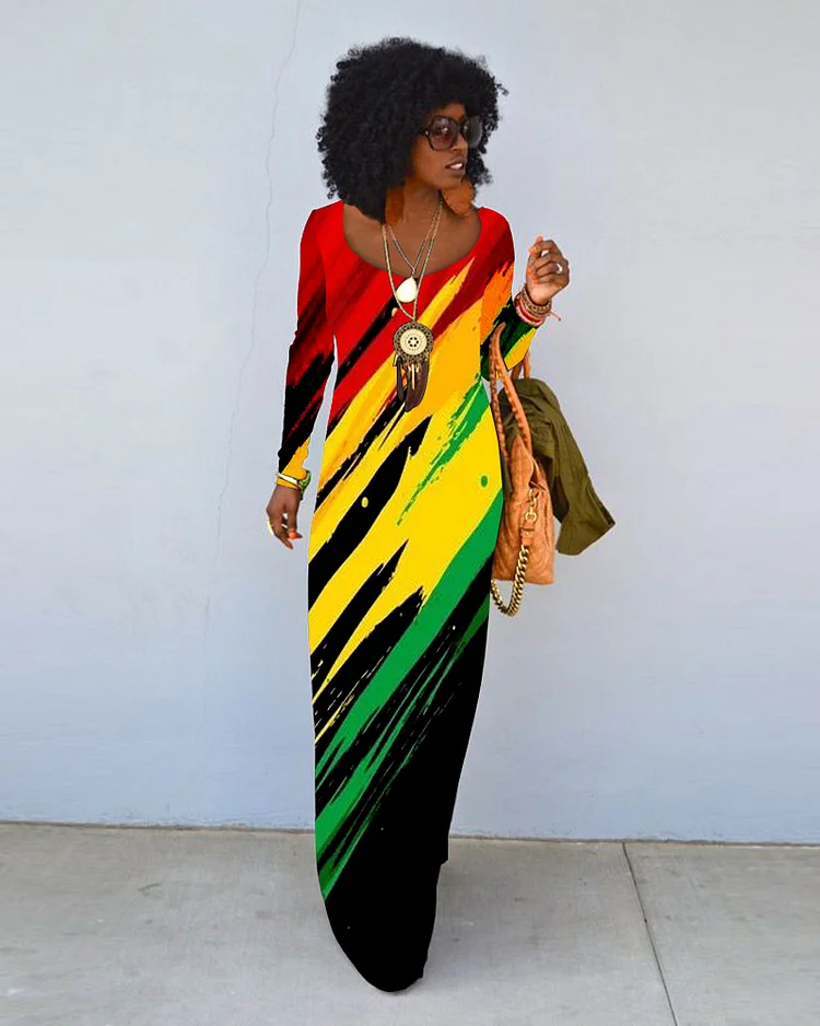 Gorgeous Artistic Color Matching Crew Neck Long Sleeve Dress