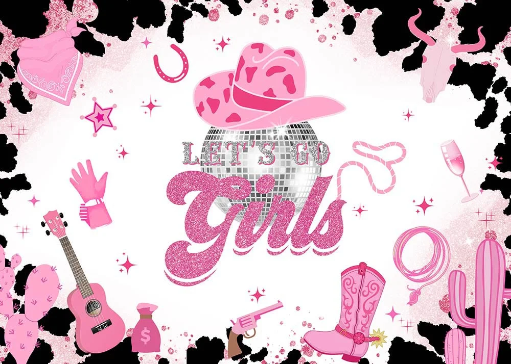 Pink Disco Cowgirl Let's Go Girls Happy Birthday Party Backdrop RedBirdParty