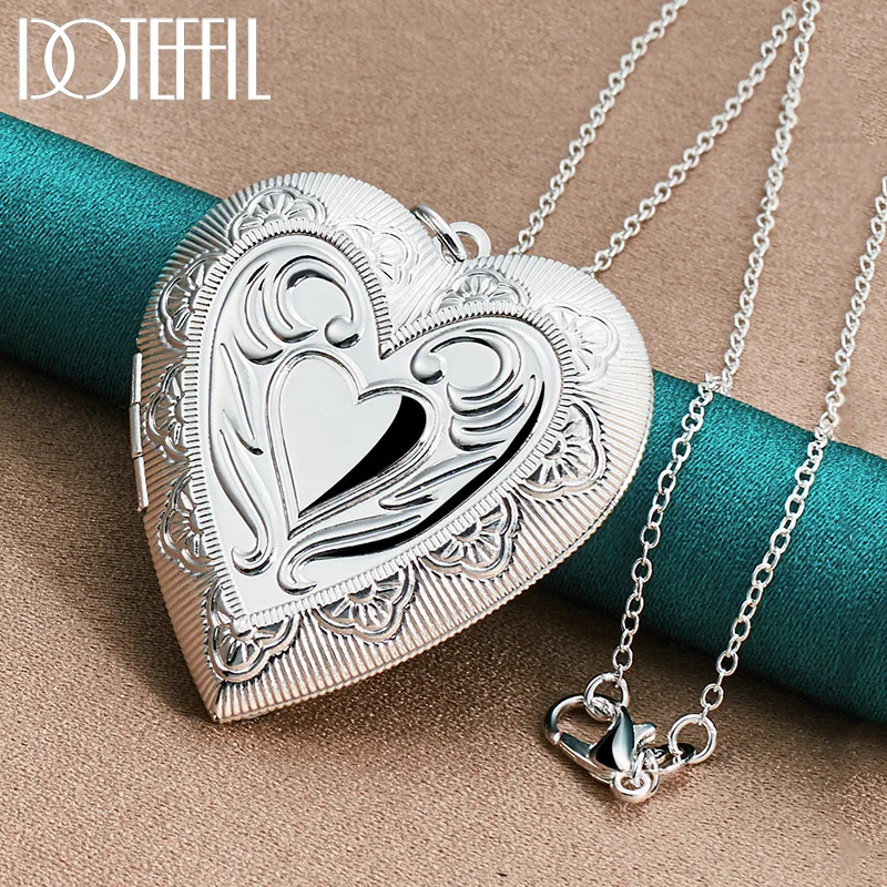 DOTEFFIL 925 Sterling Silver 16-30 Inch Chain Heart Shaped Photo Frame Pendant Necklace For Women Man Jewelry