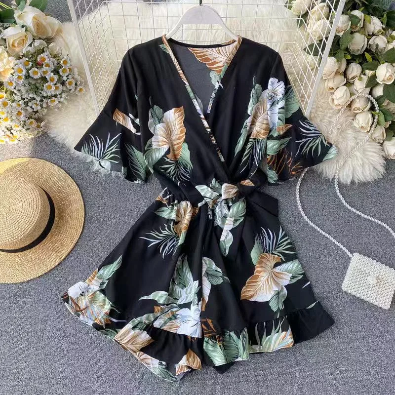 Women Rompers casual wide leg pants overalls short sleeve v neck solid playsuits summer beach chiffon ruffle jumpsuits