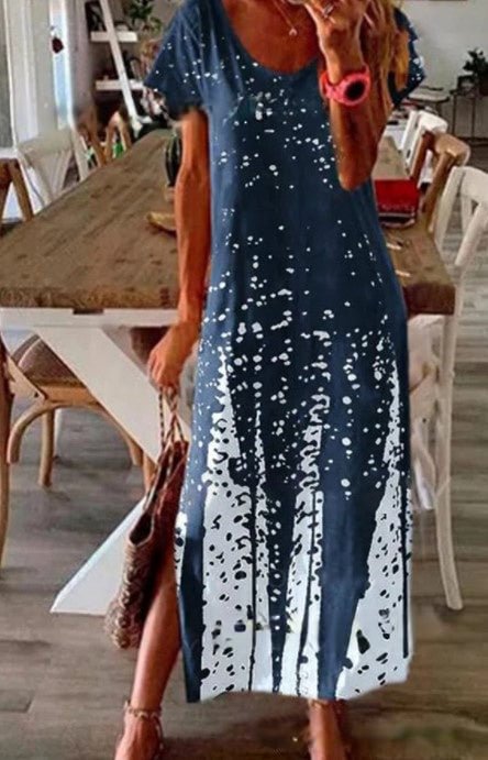 Women's Summer Fashion Round Neck Landscape Print Ankle Side Split Maxi Dress