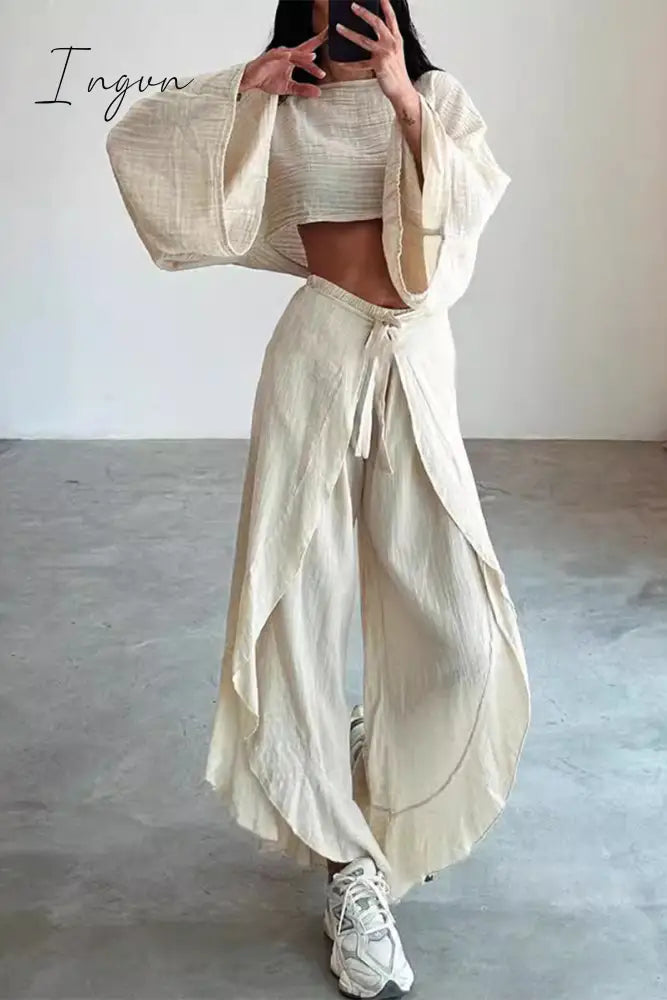 Ingvn - Casual Solid Frenulum Flounce Slit O Neck Long Sleeve Two Pieces Apricot / S