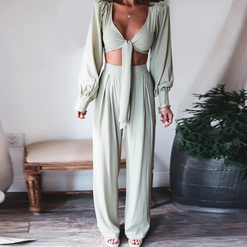 Summer Sexy V-Neck Lace-Up Women Pants Sets Loose Casual Crop Tops Wide Leg Long Trousers Outfits Office Lady Summer Elegant New