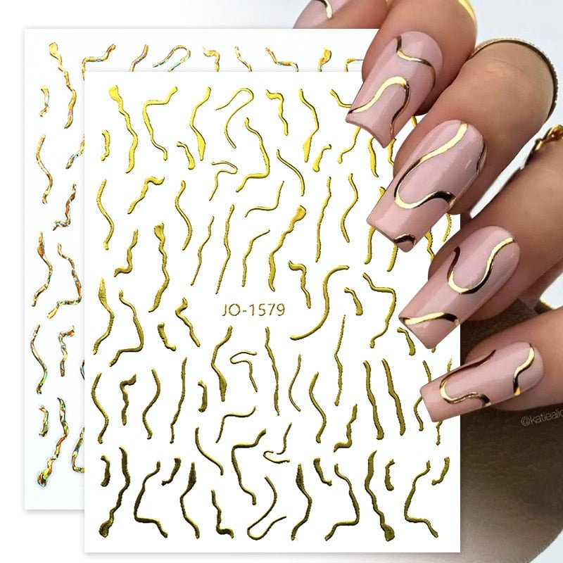 3D Lines Nail Stickers DIY Gold Laser Silver Leaves Wave Stripe Lines Letters Self Adhesive Nail Art Sliders Water Decal Sticker