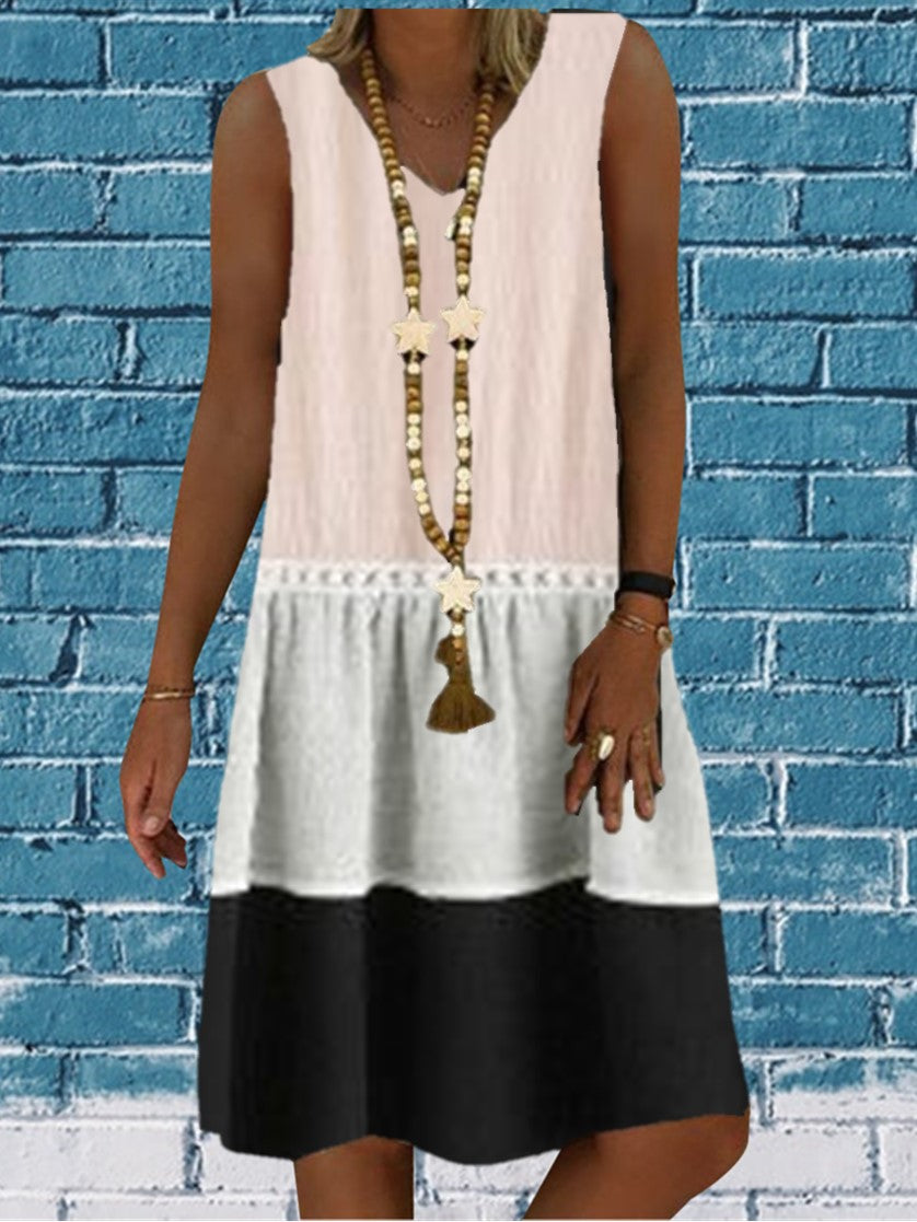 Women Sleeveless V-neck Color Block Print Stitching Midi Dress