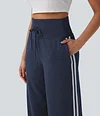 2026🔥 Halara Ribbed SoCinched High Waisted Tummy Control Drawstring Wide Leg Color Block Casual Trousers with Pockets