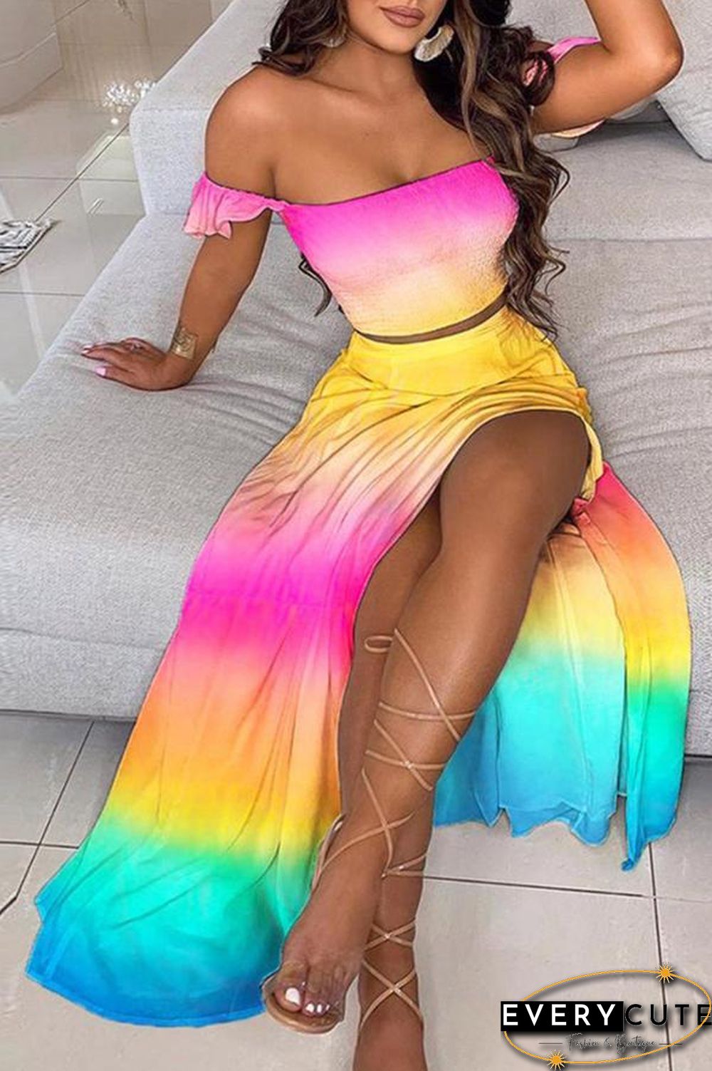 Off Shoulder Ombre Colorblock Top & High Slit Maxi Skirt Sets P13628