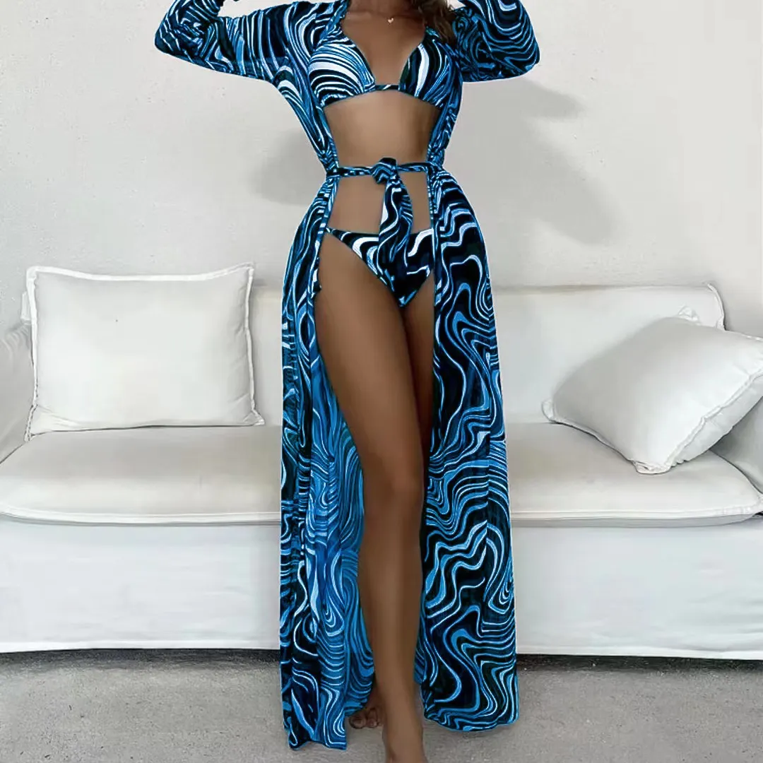 Uveng 2022 New Striped T-Shirt With Long Nepotnet Yarn In Three-Piece Bikini