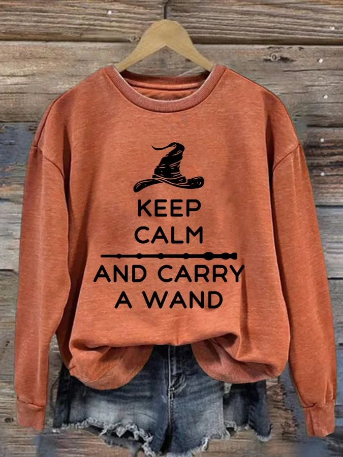 Women's Casual Keep Calm & Carry a Wand Print Long Sleeve Sweatshirt