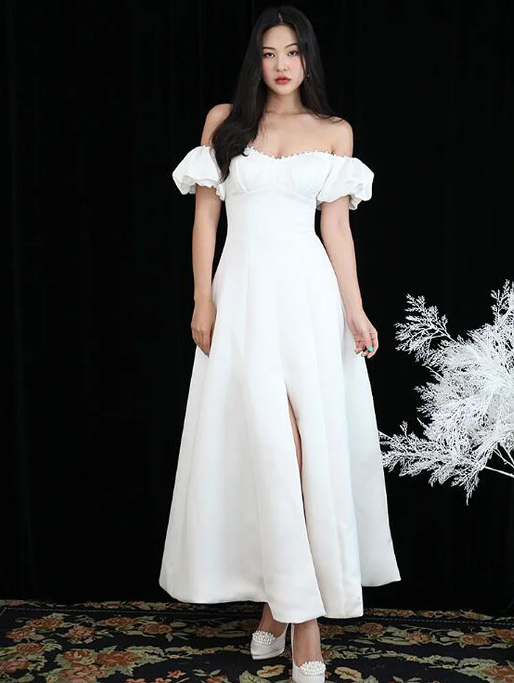 Simple Off Shoulder Wedding Dress with Slit Short Sleeve Boho Bridal Gowns