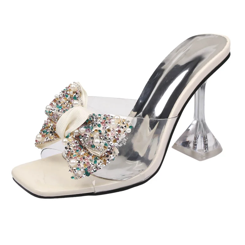 Wongn Wongn Glass With Square Head High Heel One-Line Drag Sandals Fashion Party Show Sexy Women's Shoes