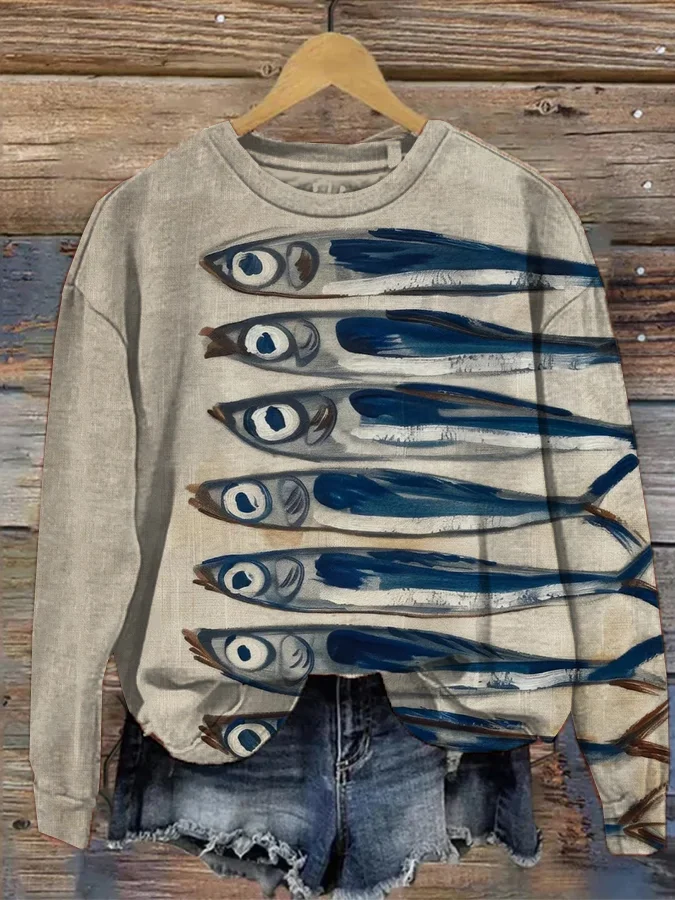 Women's Retro Sardines Art Print Casual Sweatshirt