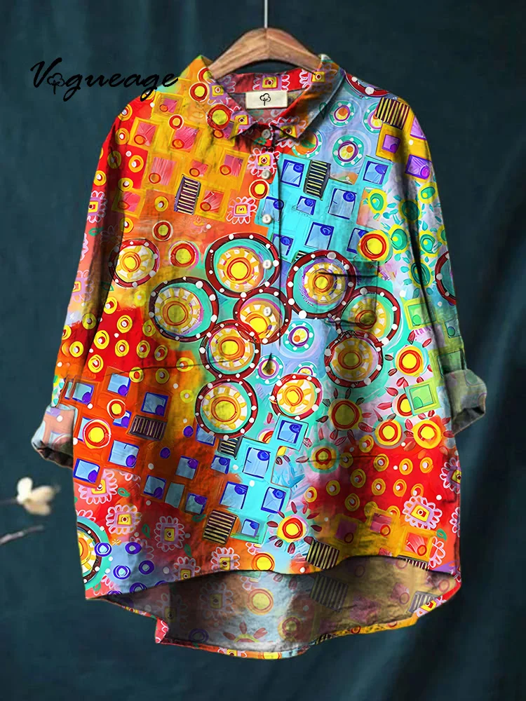 Design Bright Color Block Patchwork Printed Cotton And Linen Shirt