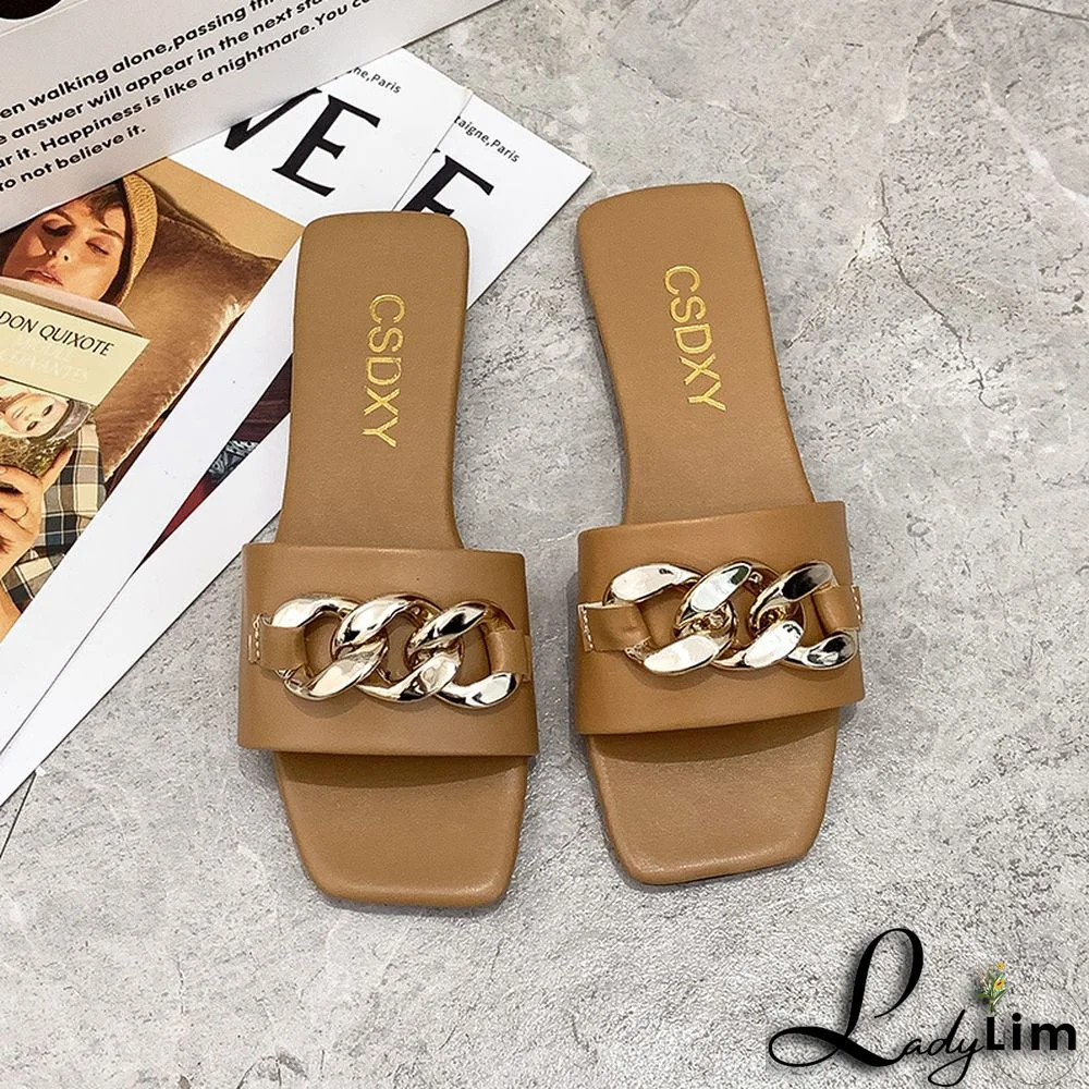 Sandals and slippers women's flat summer flat plus size metal chain slippers Ladies