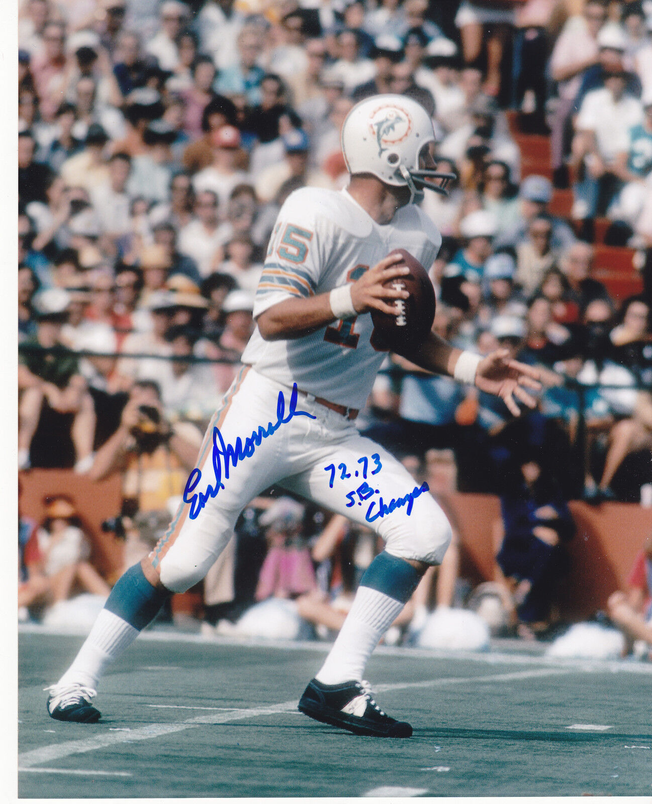 EARL MORRALL MIAMI DOLPHINS 72,73 SB CHAMPS ACTION SIGNED 8x10