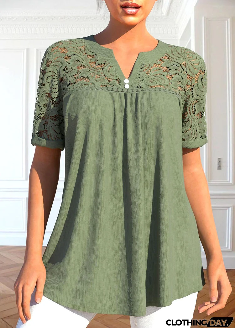 Sage Green Patchwork Short Sleeve Split Neck Blouse