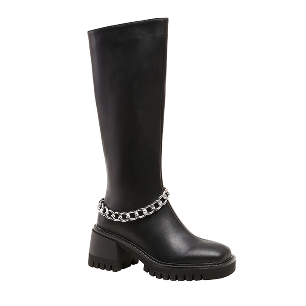 70mm Square Toe Block Heel Chain Rider Boots-vocosishoes
