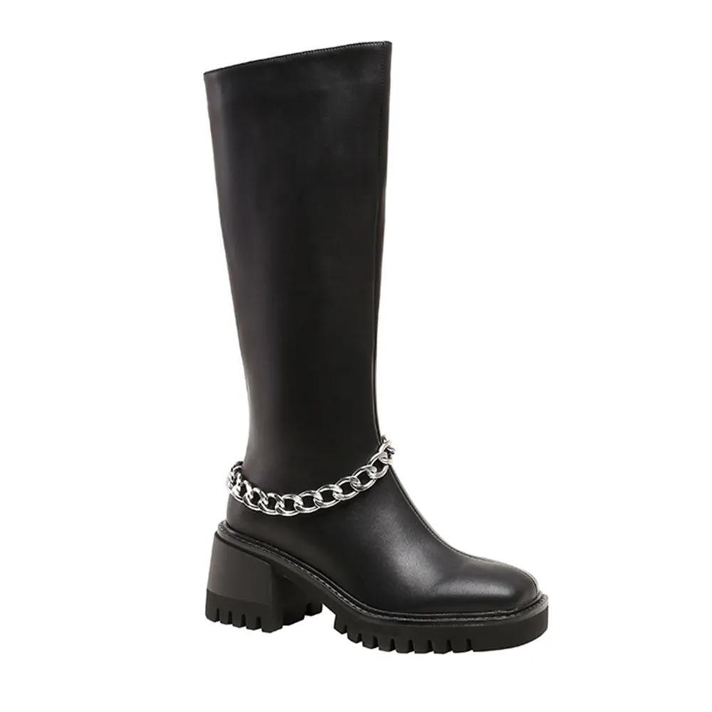 70mm Square Toe Block Heel Chain Rider Boots-vocosishoes